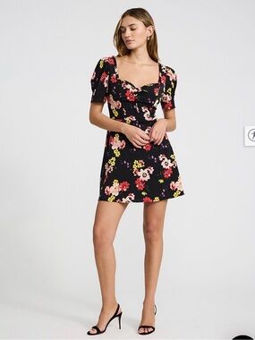 EXPRESS (L) Floral Ruffle Sweetheart Puff Sleeve Mini Dress